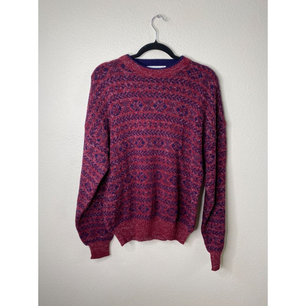 Vintage Brandini Italian-Made Red & Blue Wool Blend Sweater Large Geometric